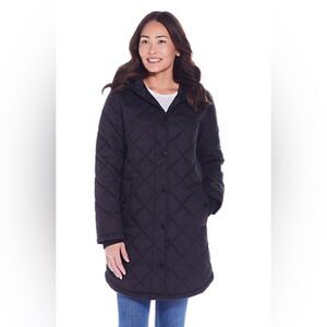 NWT WEATHERPROOF Coat Women’s Small Black Hooded Quilted Storm Cuffs Pockets New